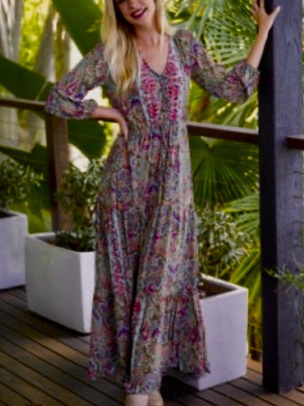 Paisley Tiered Maxi Dress in olive-green and Pink
